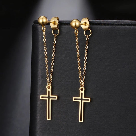 Pierced Cross Drop Chain Earrings