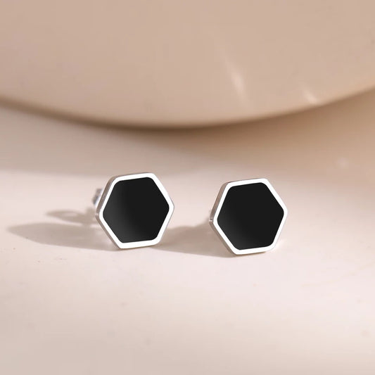 Silver & Black Hexagon Studs